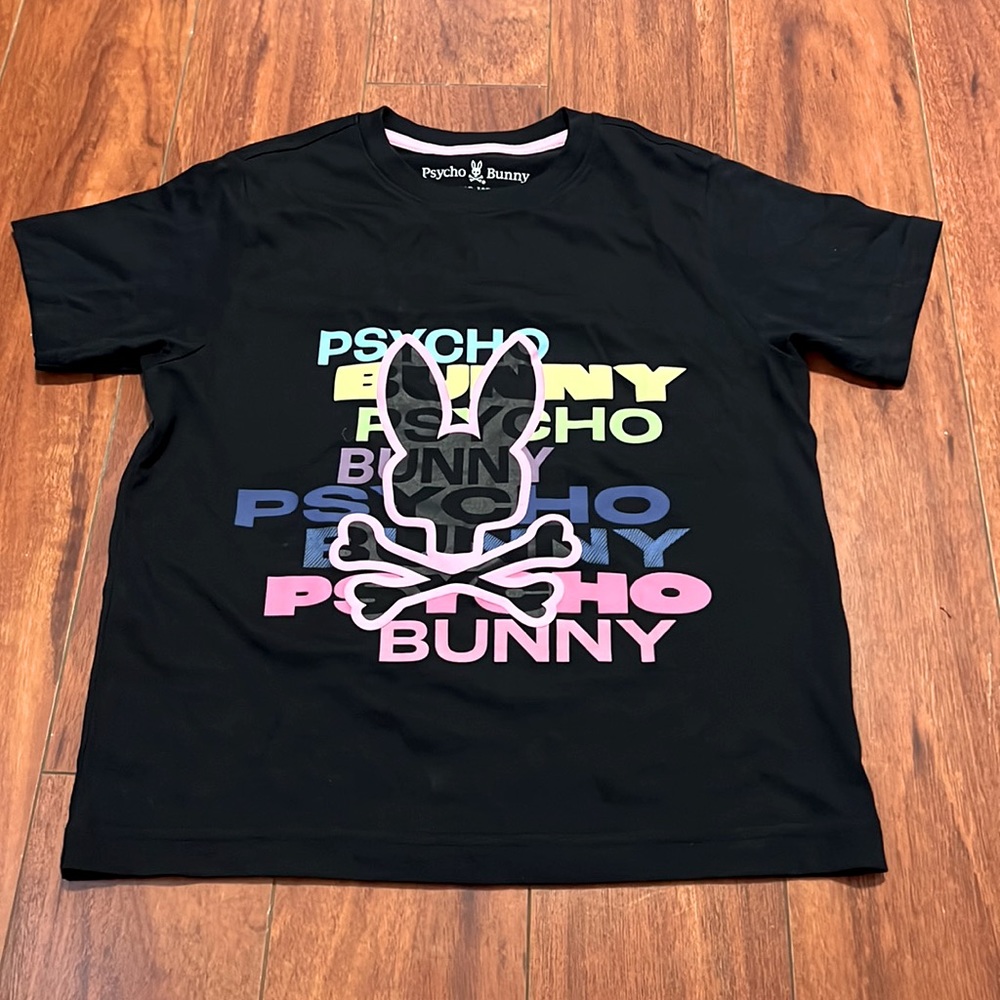Kids, psycho, bunny, neon writing shirt, size 7–8